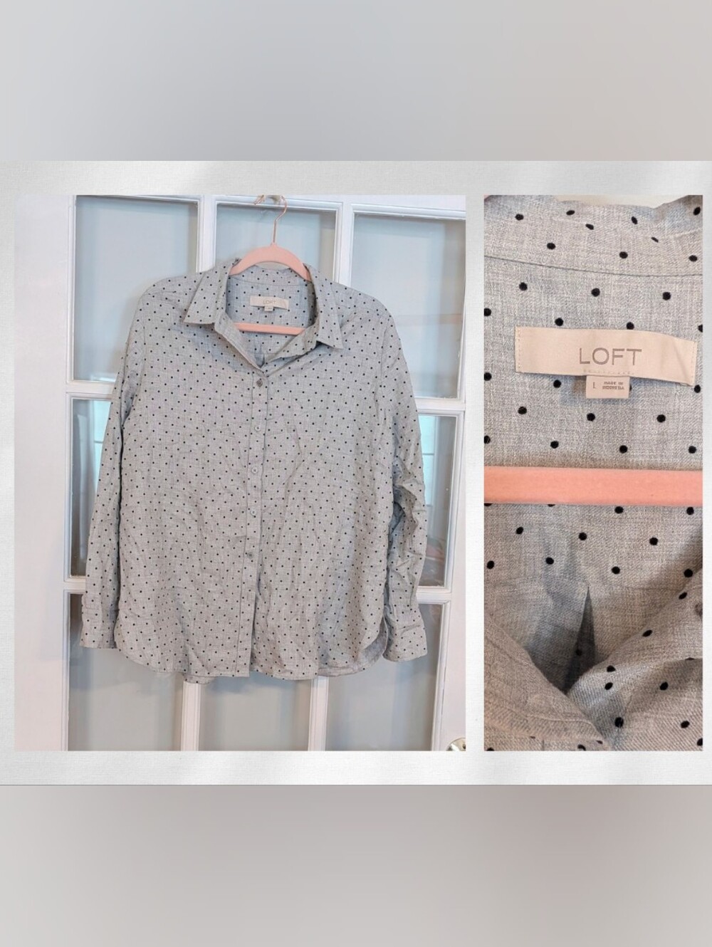 LOFT Light Gray Button-Down Shirt with Black Polka Dots
